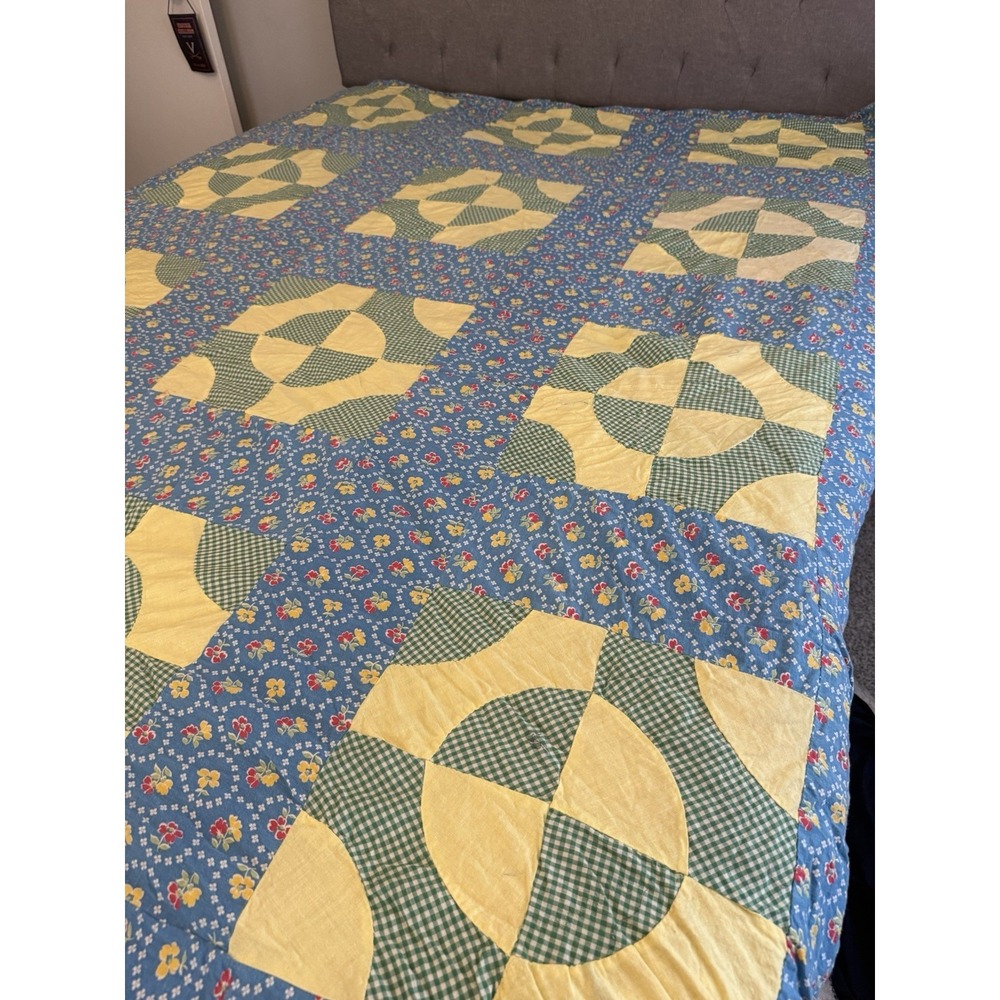 Patchwork Geometric Patchwork Quilt TOP / Tablecloth "Blue/Yellow - Queen Size - Picture 4 of 5
